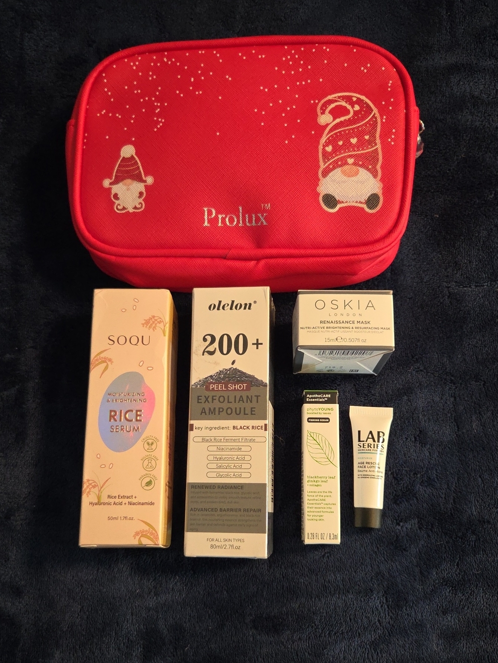 Red Cosmetic Travel Pouch with Skincare Set 6 pieces total